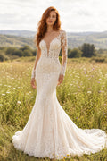 Ivory Sexy V-Neck Mermaid Allover Lace Wedding Dress with One Long Lace Sleeve and Chapel Train front view