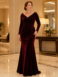 Burgundy off shoulder velvet mermaid winter mother gown front view