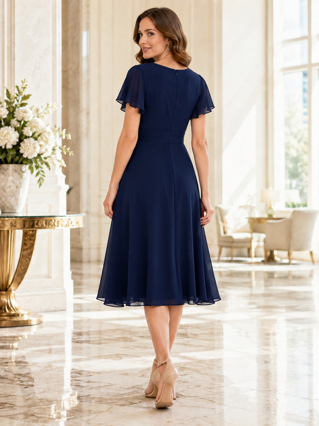 Dark Navy Affordable V Neck Flutter Sleeve Chiffon Tea Length A Line Dress back view