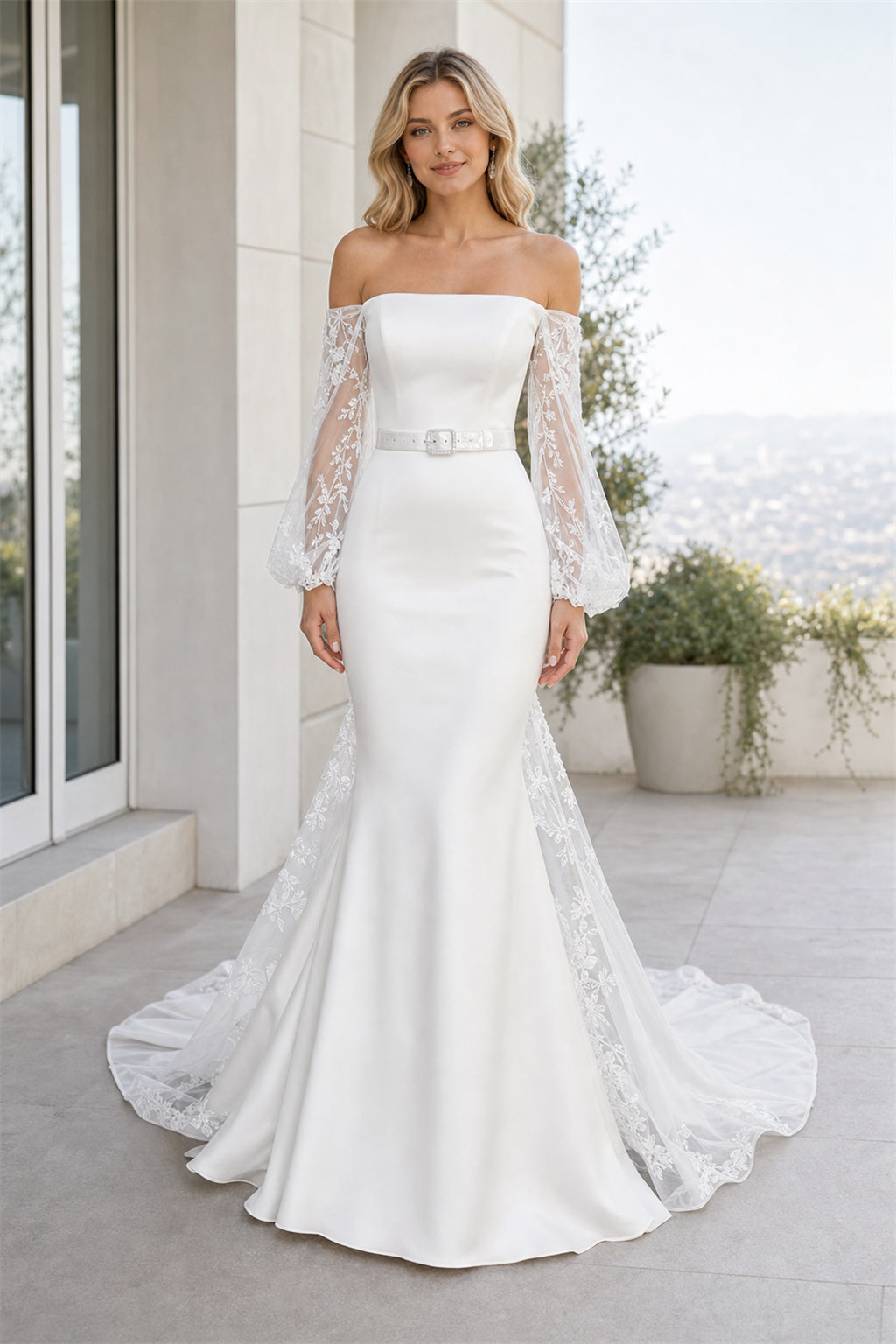 Ivory Sweetheart A-Line Crepe Floor-length Wedding Dress With Floral Appliques and Front Slit and Open Back