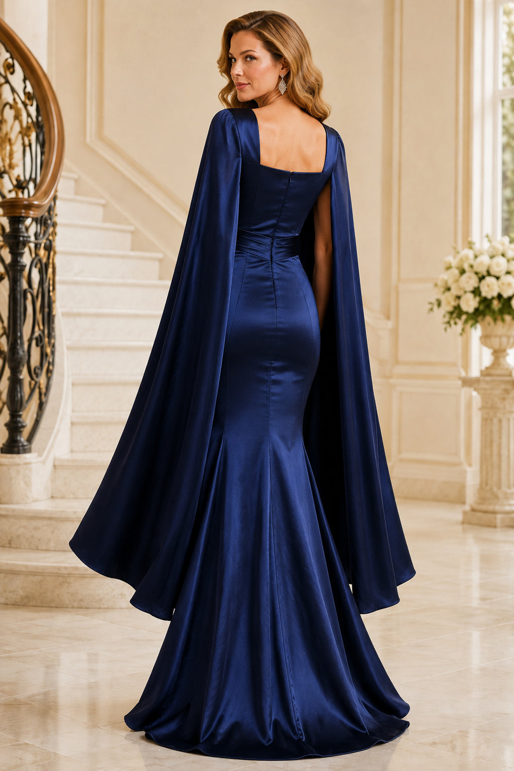 Evening Gown Dark Navy Satin Mermaid Off Shoulder Long Sleeve Sweep Train back view