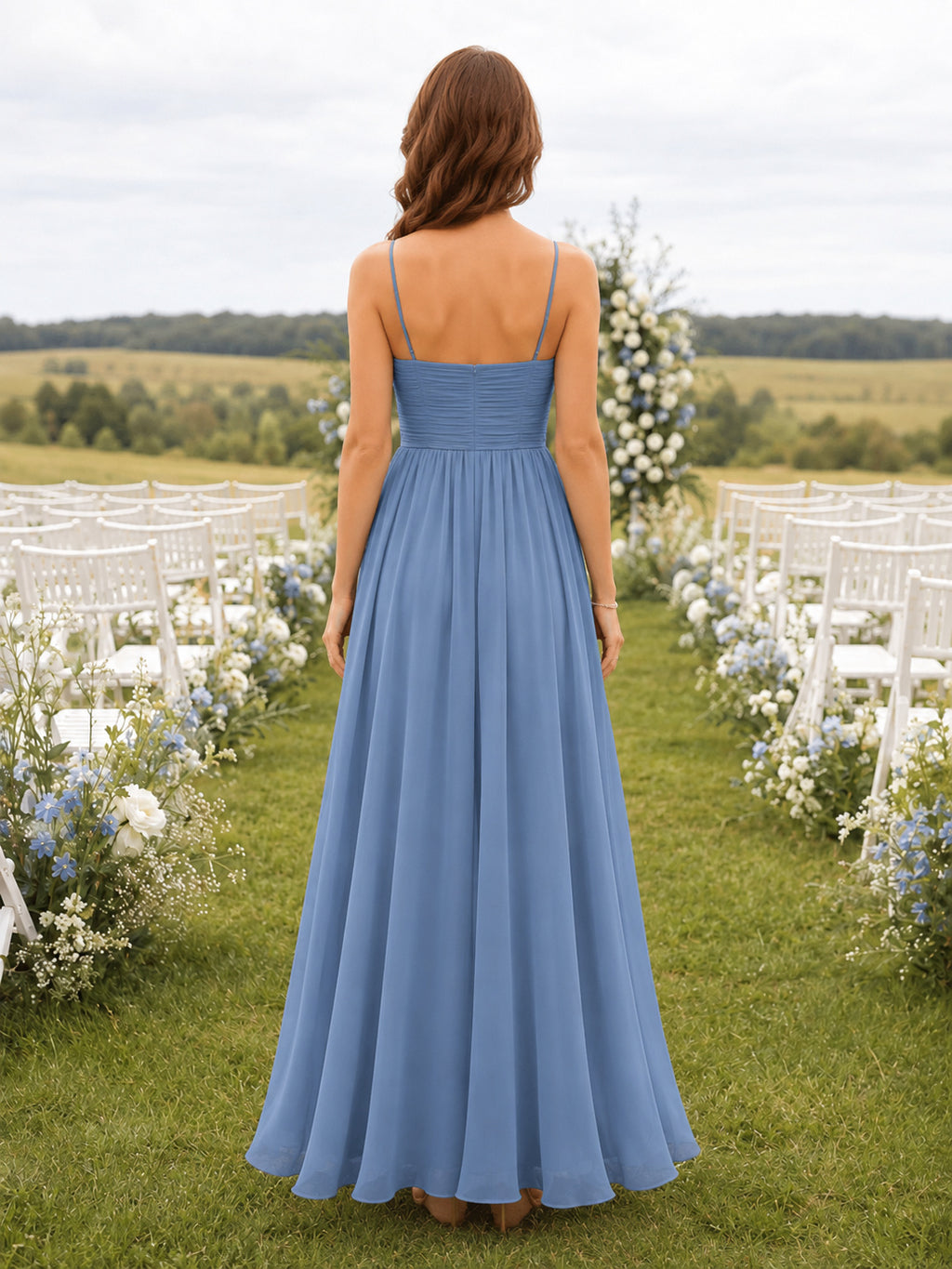 Dusty Blue Spaghetti Strap Square Neck Ankle Length A Line Dress back view
