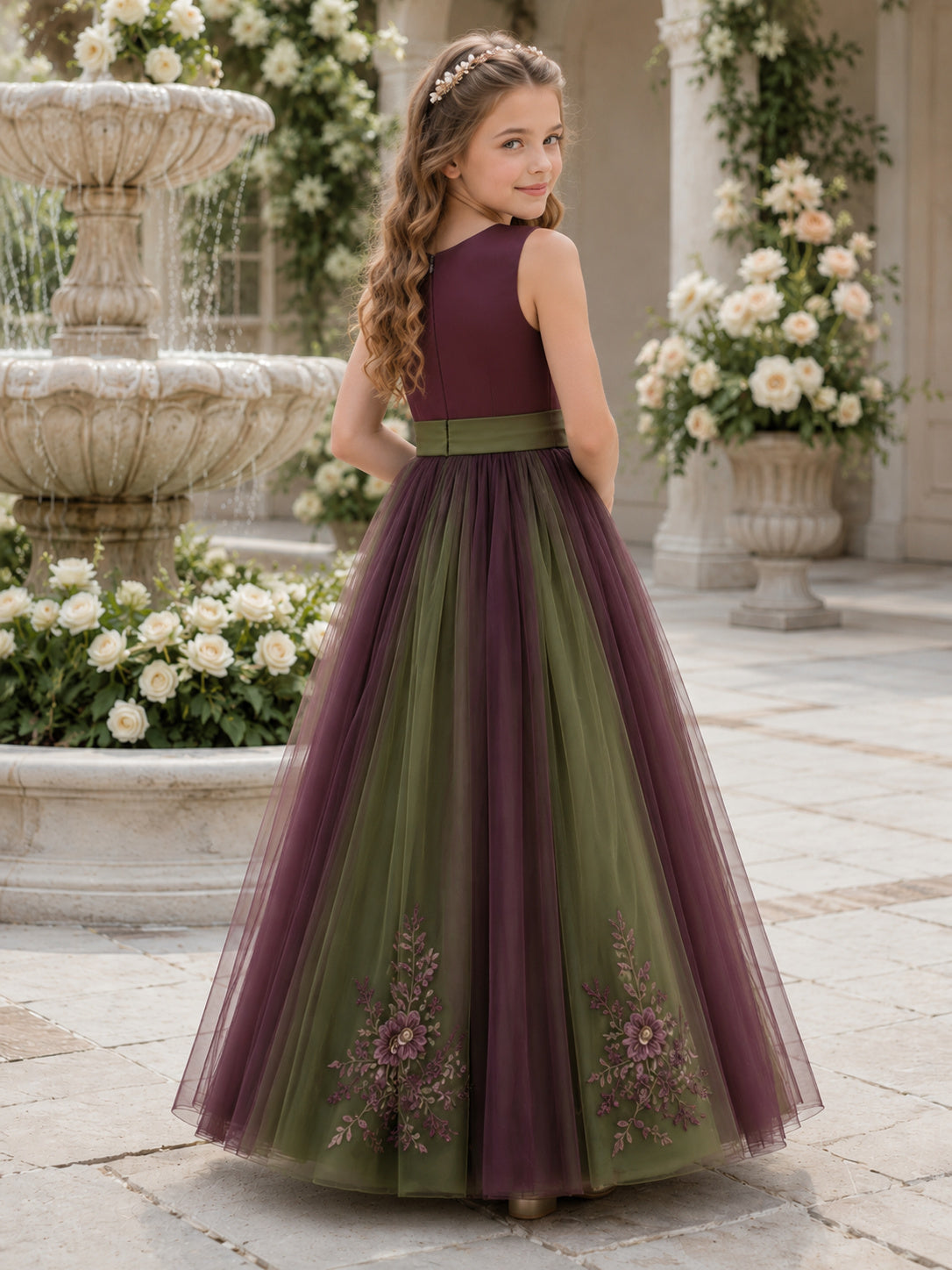 Flower Girl Dress A-Line Plum Olive Floral Tulle Sleeveless Bow Formal back view