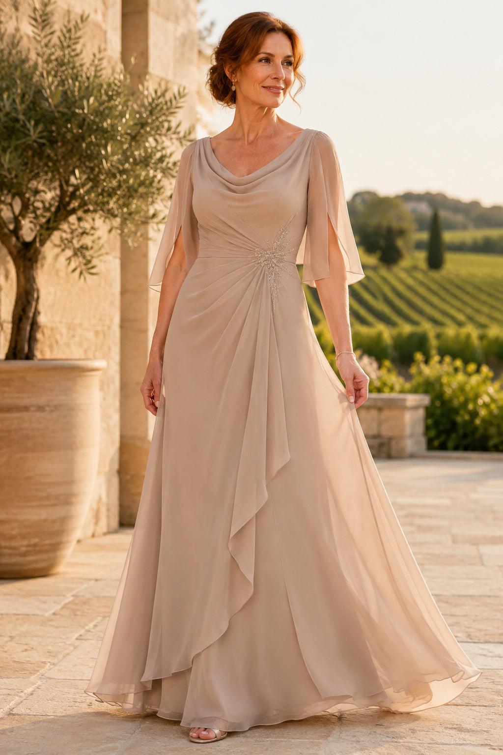 Champagne Cowl Neck A-Line Mother Dress with Flutter Sleeves and Cascading Ruffle front view