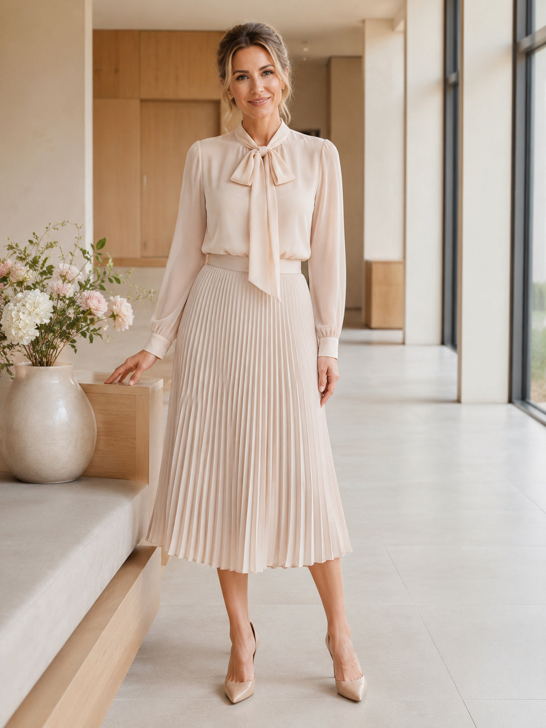 Champagne Einschulung Mother Two Piece Tea Length Bow Neck Pleated Skirt Dress Set front view
