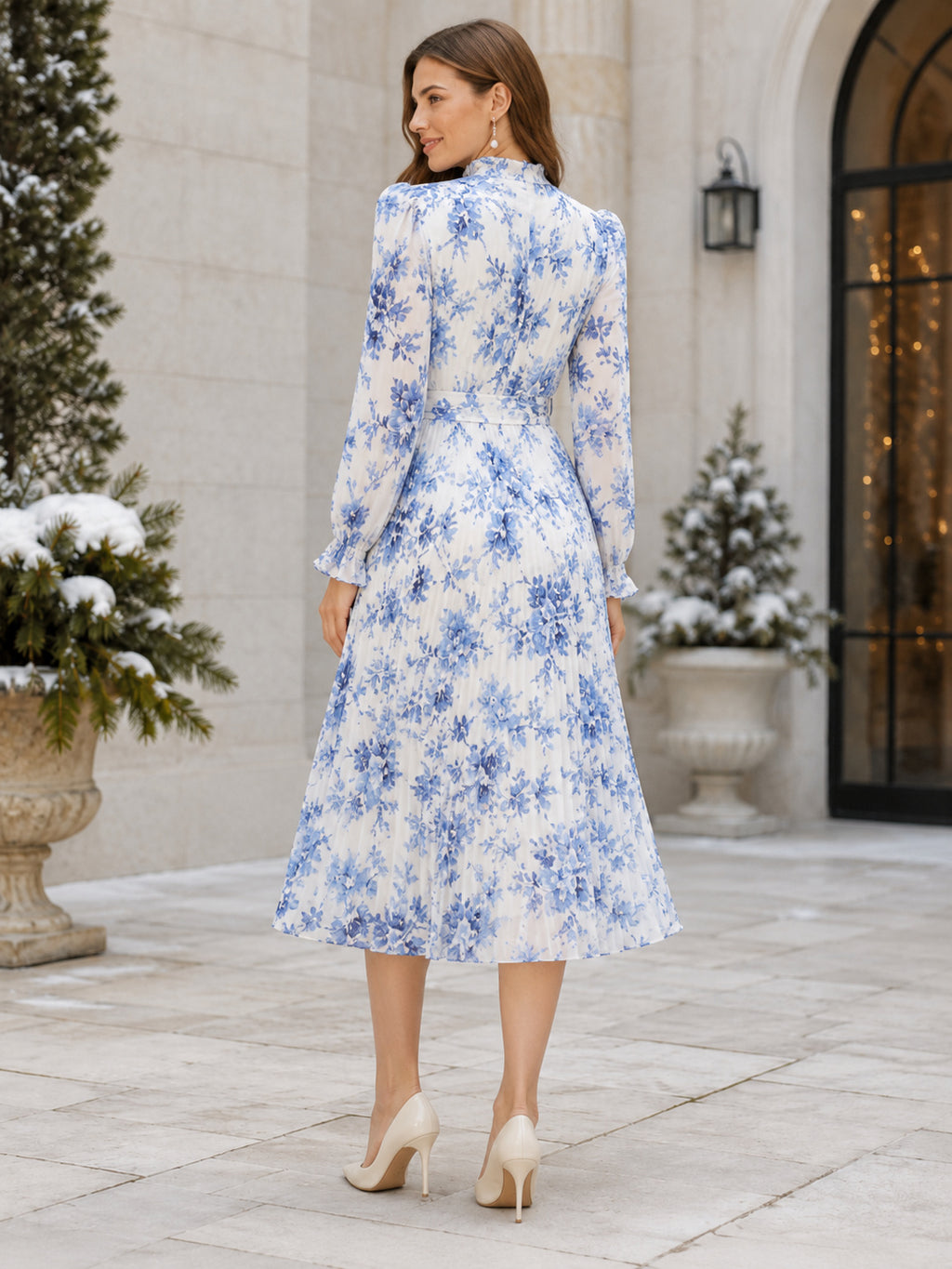 White Blue Floral High Neck Long Sleeve Chiffon Guest Dress back view