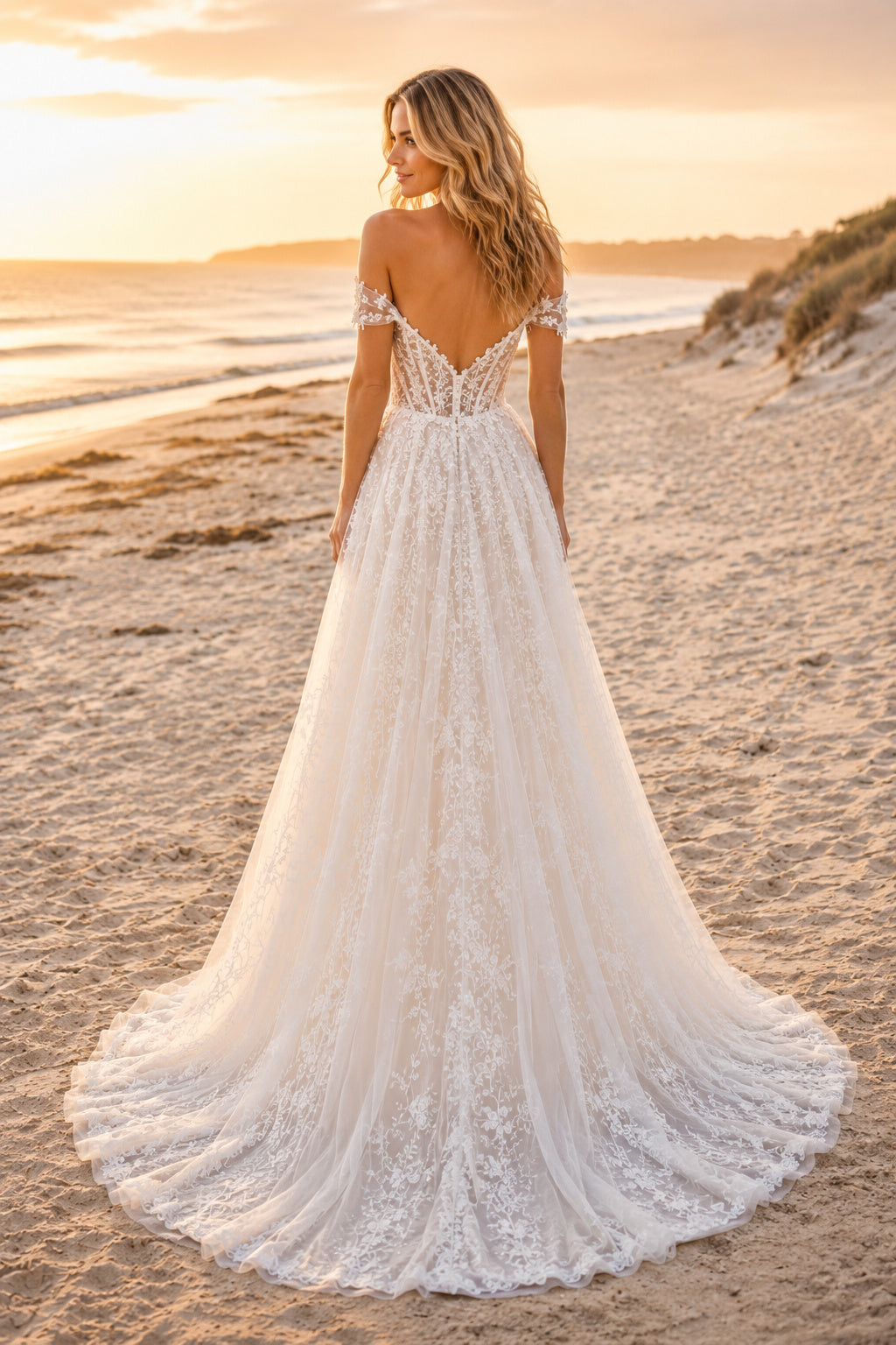 Ivory Off Shoulder Sweetheart Lace Tulle A-Line Wedding Dress Chapel Train for Bridal Ceremony and Reception Style MG_700795