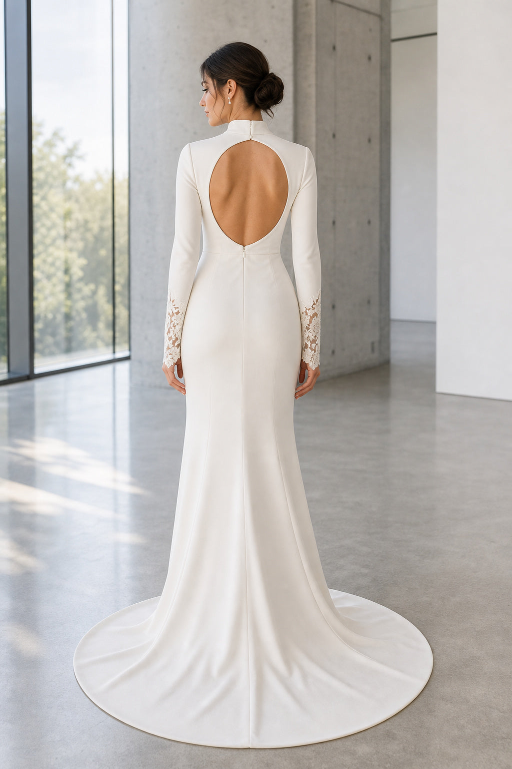 White High Neck Long Sleeves Sheath Crepe Floor-length Wedding Dress With Front Slit