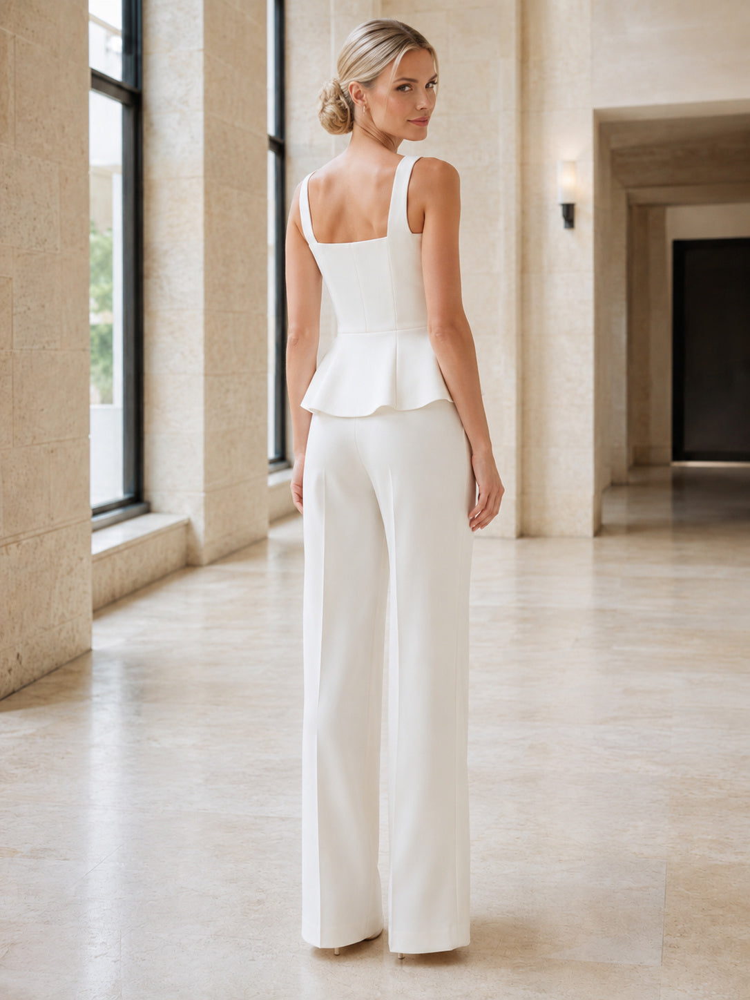 Simple Bridal Two Piece Square Neck Sleeveless Peplum Wide Leg Wedding Outfit back view