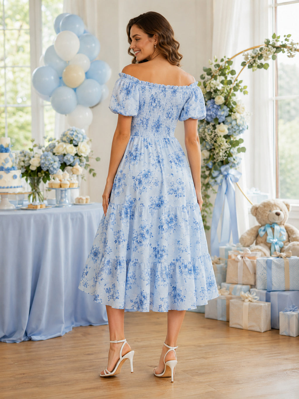Blue Floral Square Neck Puff Sleeve Party Midi Dress back view