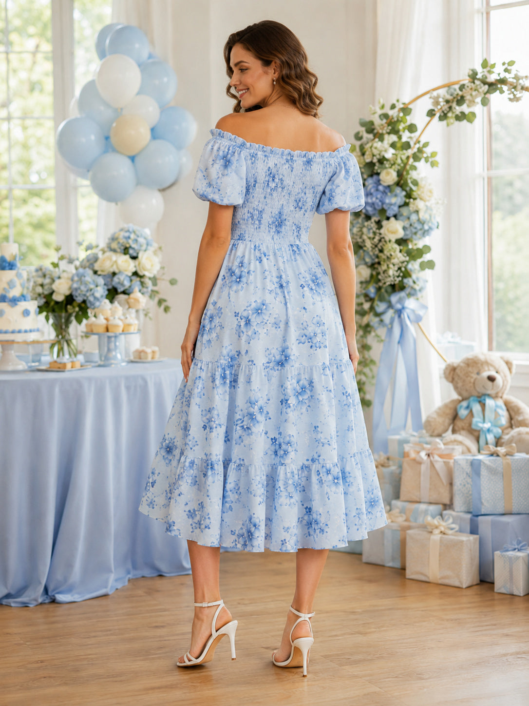 Blue Floral Square Neck Puff Sleeve Party Midi Dress back view