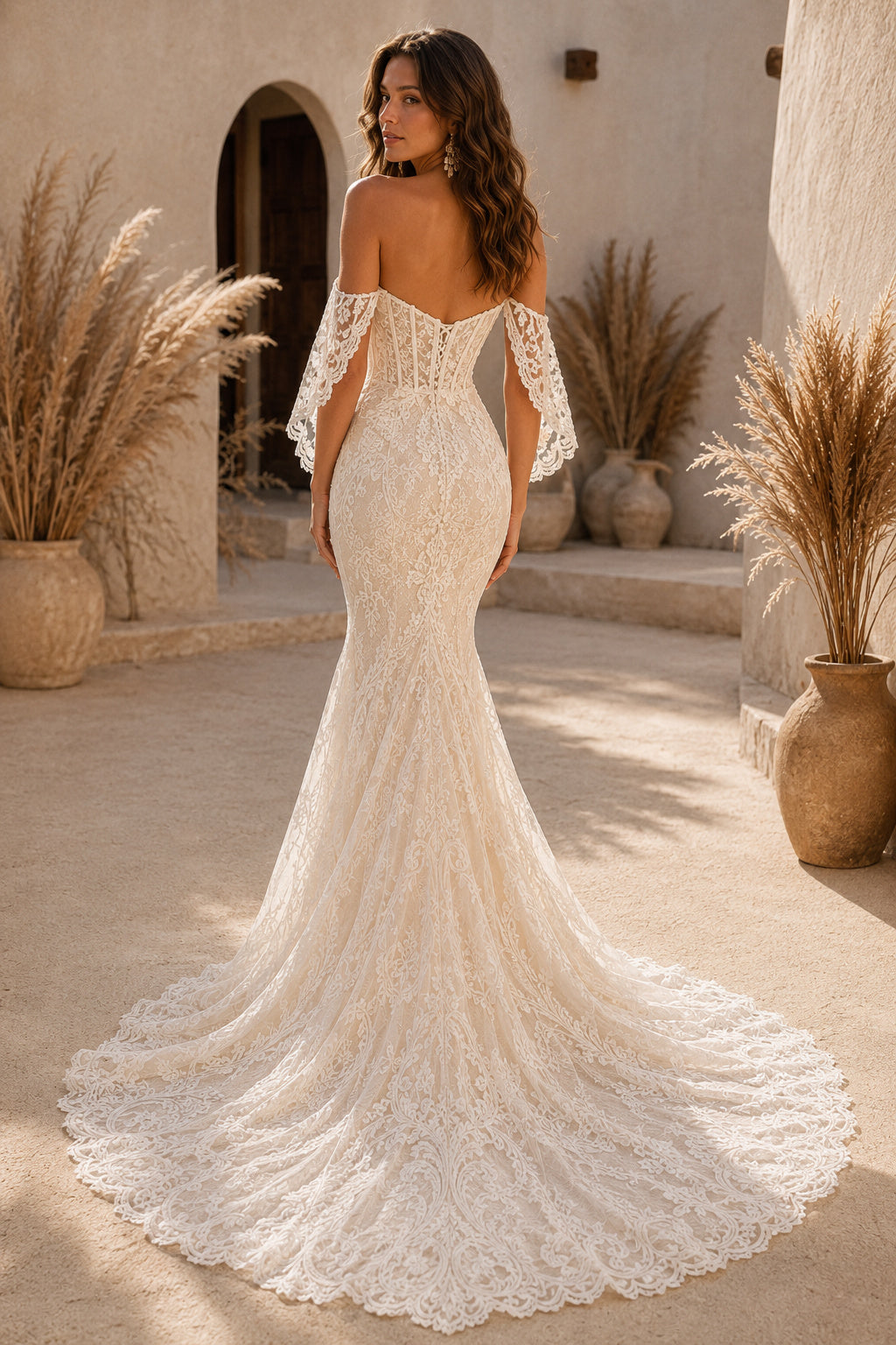 Champagne Sexy Off-the-Shoulder Mermaid Champagne Lace Wedding Dress with Detached Long Lace Sleeves and Chapel Train Style M