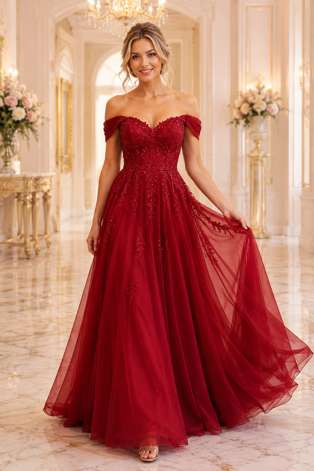 Burgundy Off the Shoulder Burgundy Lace A Line Gown with Tulle Skirt Floor Length A Line Prom Dress front view
