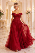 Burgundy Off the Shoulder Burgundy Lace A Line Gown with Tulle Skirt Floor Length A Line Prom Dress front view
