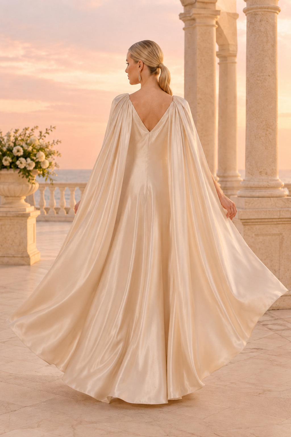 Champagne V Neck Satin Chiffon A Line Evening Gown With Draped Cape Back Evening Dress back view