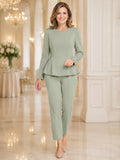Sage Tapered Simple Mother of the Bride Pantsuit with Jewel Neck Long-Sleeve Peplum Top Pointed Hem and Slim Ankle Trousers f