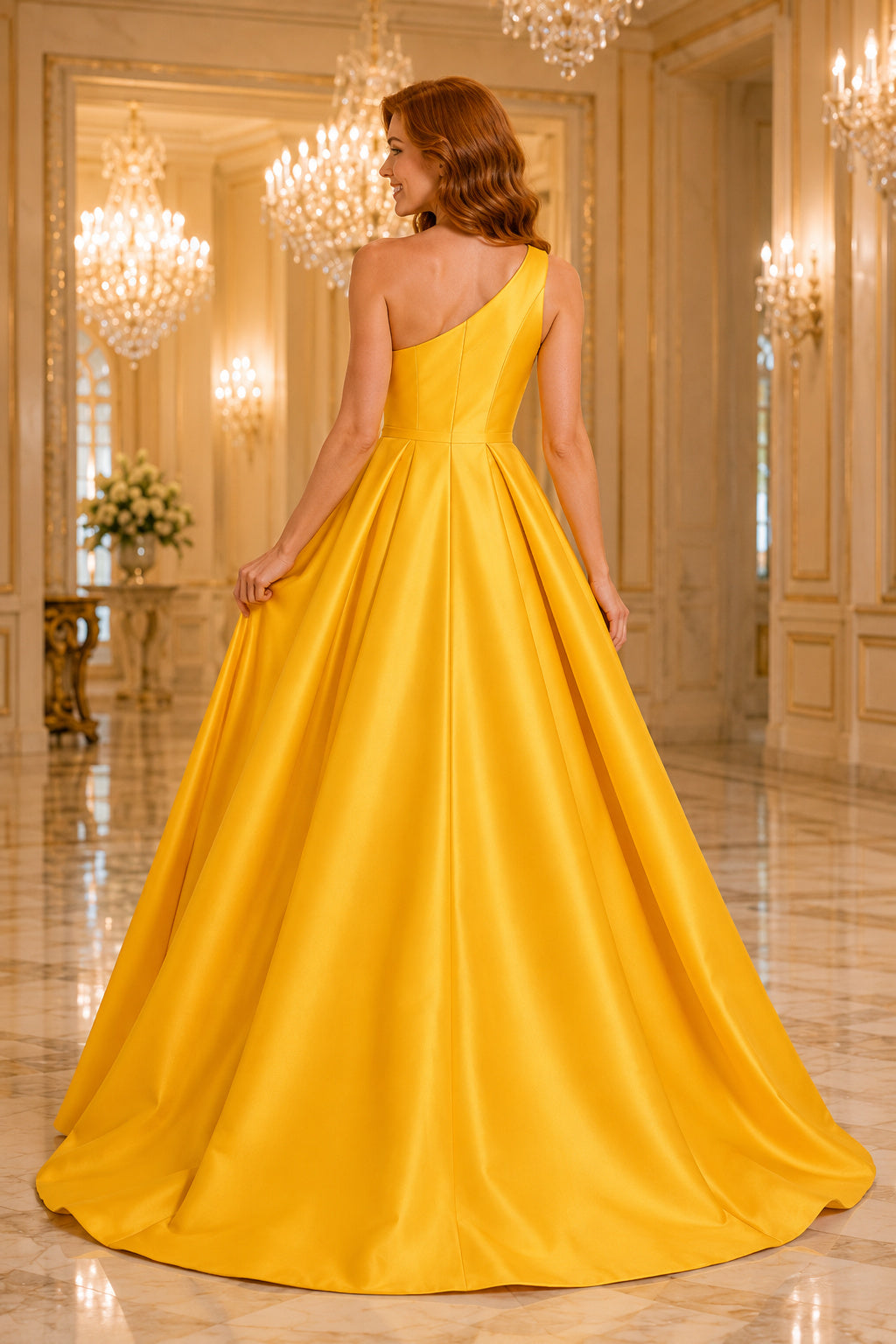 Daffodil one shoulder satin ball gown with clean full skirt and structured bodice Floor-length And Sweep/Brush Train Ball Gow
