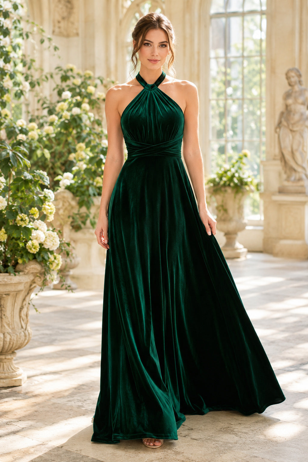 Emerald Velvet Halter A-Line Formal Dress front view