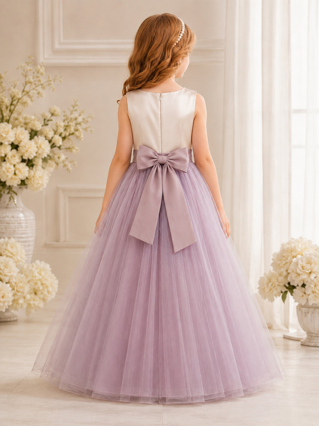 Flower Girl Dress Wisteria Satin Tulle A-Line Sleeveless Jewel Neck Floor Length Bow Back back view