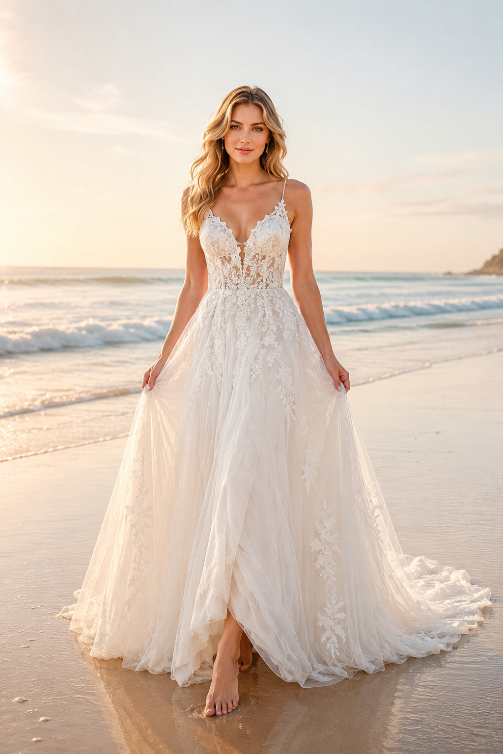 Ivory Spaghetti V-Neck Lace Tulle A-Line Wedding Dress Split Chapel Train for Bridal Ceremony and Reception front view