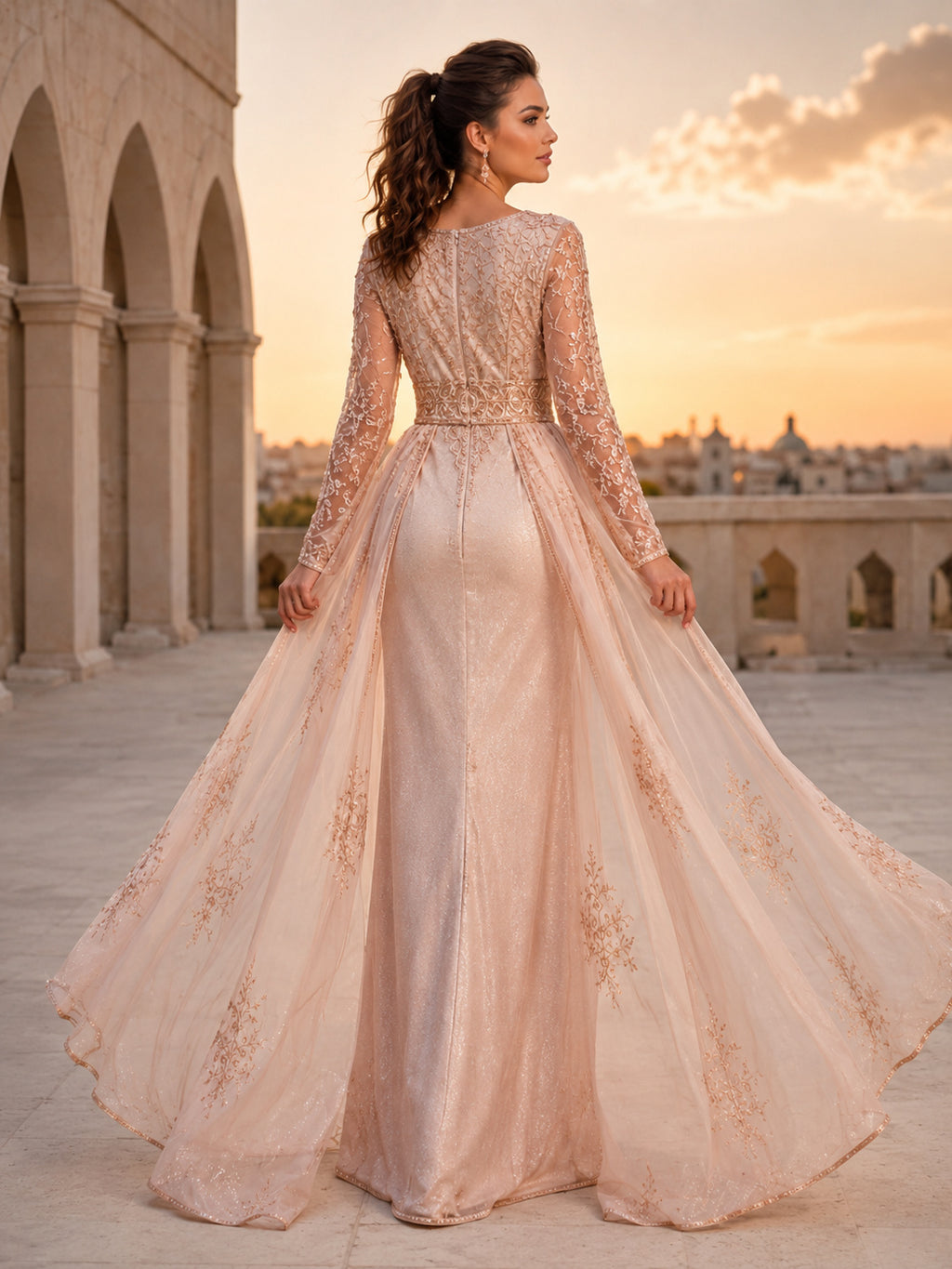 Luxury Oriental A Line Long Sleeve Embroidered Color Bridal Wedding Gown back view