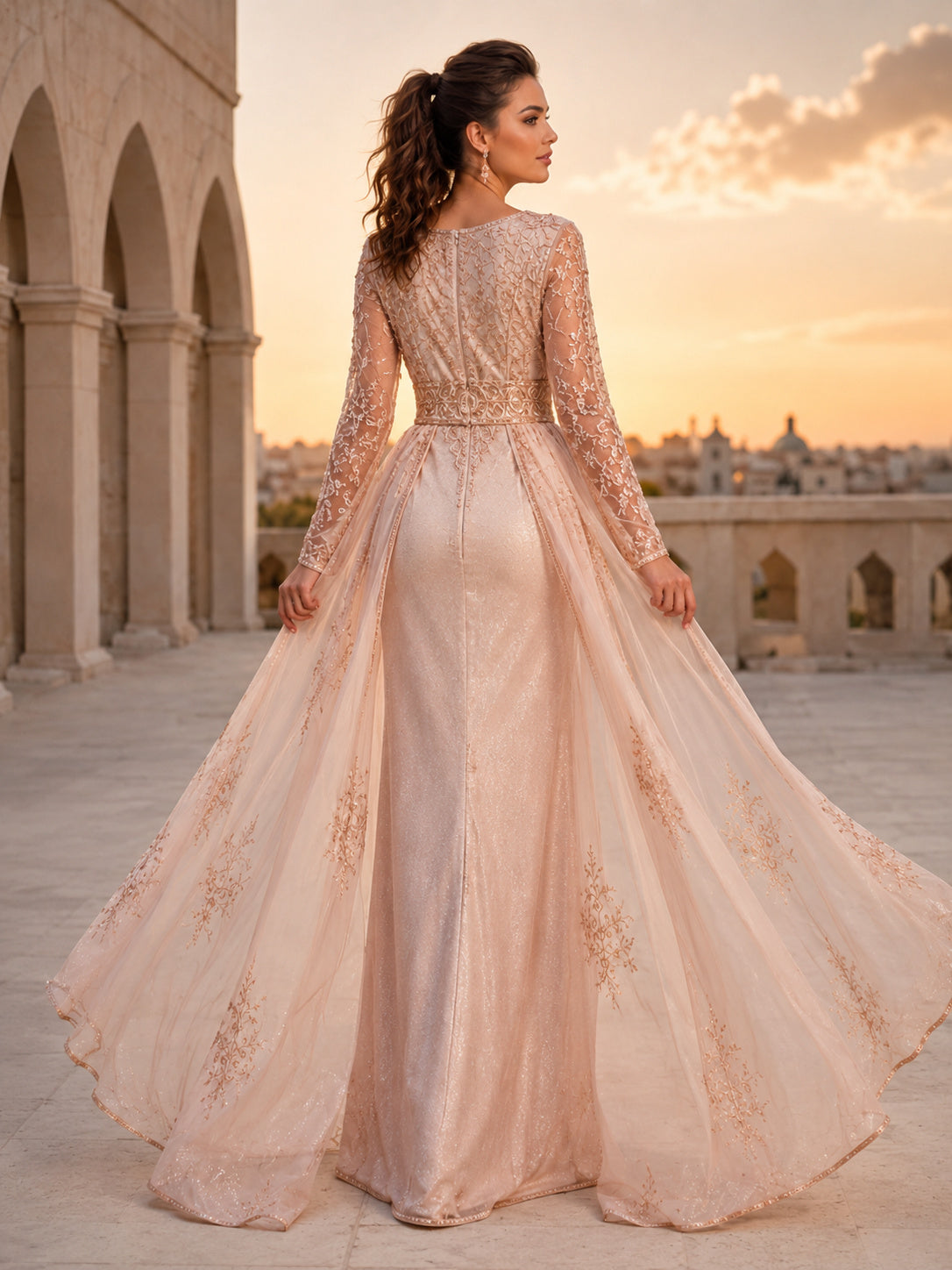 Luxury Oriental A Line Long Sleeve Embroidered Color Bridal Wedding Gown back view
