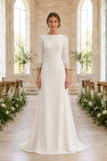 Ivory Simple Bateau Neck Sheath Stretch Satin Wedding Dress with Long Sleeves and Sweep Train front view