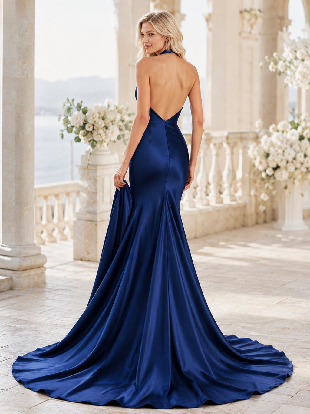 Navy Satin Halter Cowl Neck Backless Mermaid Wedding Gown back view