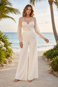 Ivory Long Sleeve Illusion Lace Bridal Jumpsuit with Sweetheart Bodice front view