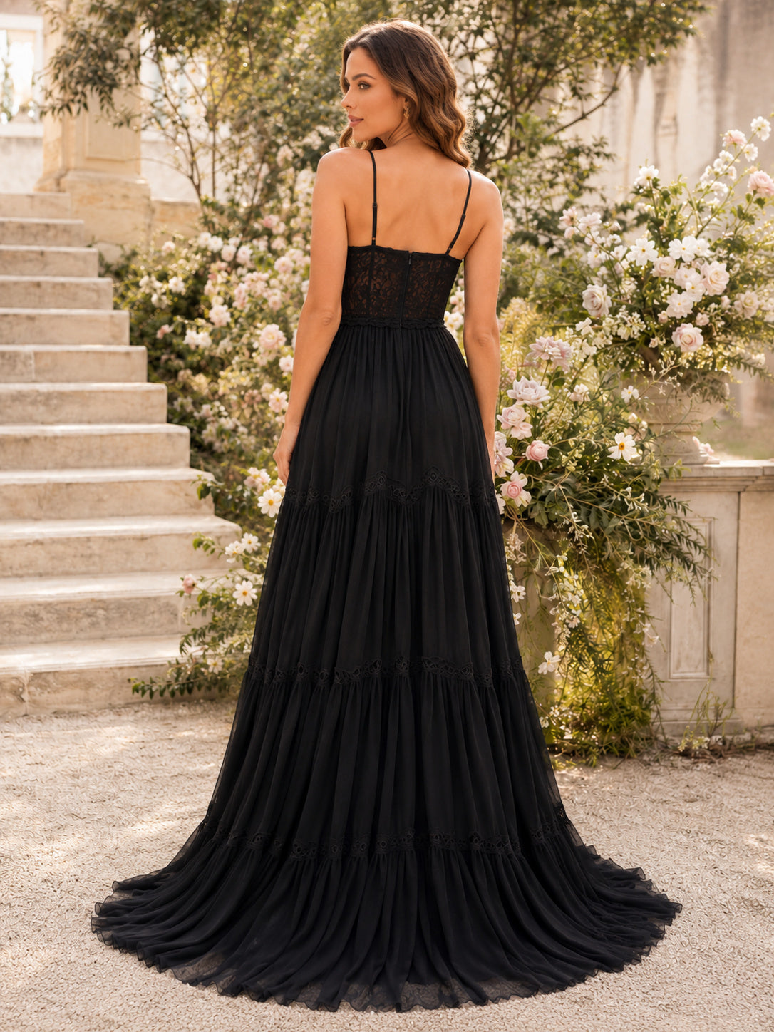 Black Spaghetti Strap Chiffon A-Line Outdoor Wedding Dress back view