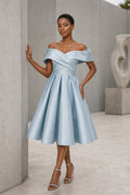 Light Blue Off-the-Shoulder A-Line Satin Tea-Length Dress With Bow Back