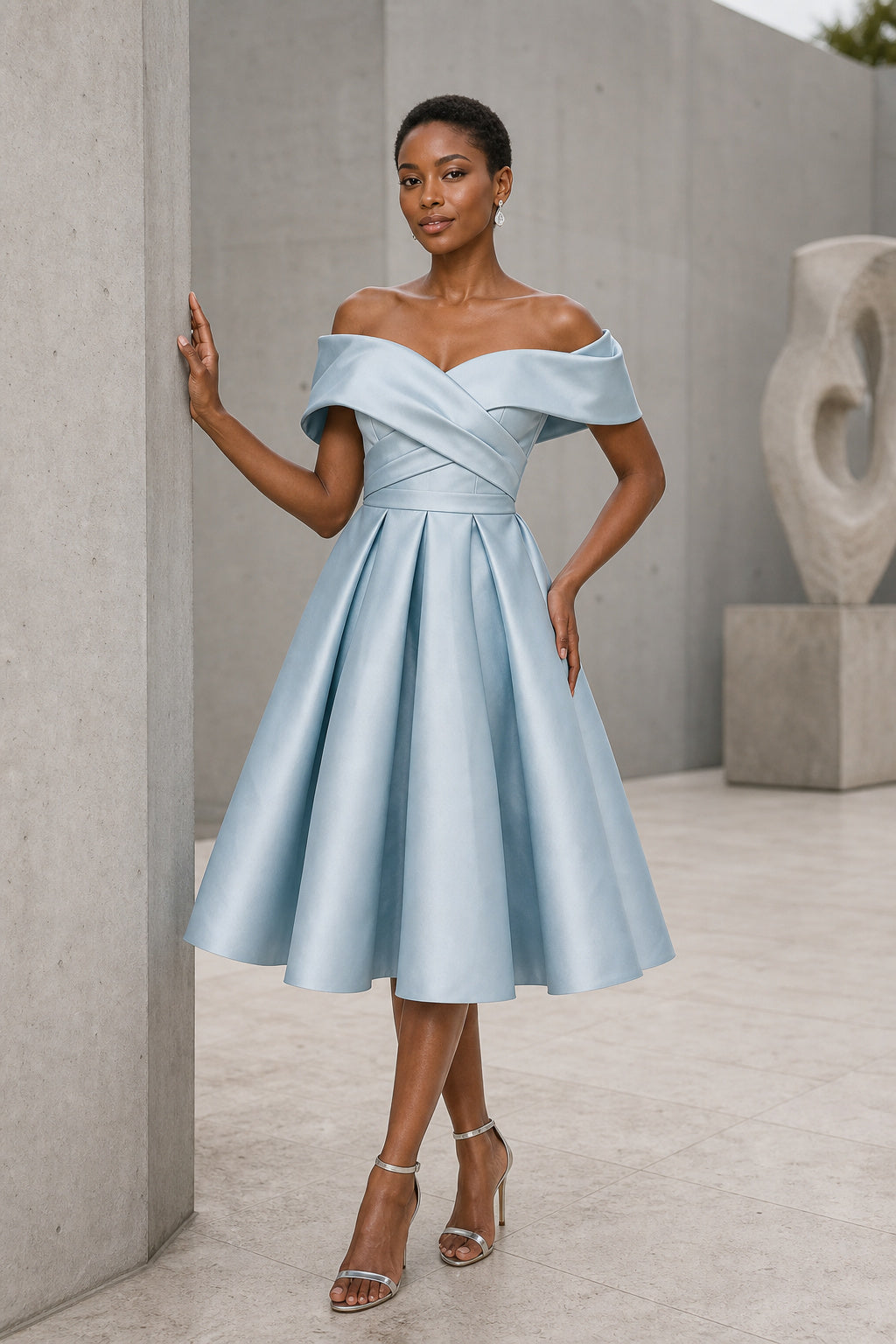 Light Blue Off-the-Shoulder A-Line Satin Tea-Length Dress With Bow Back