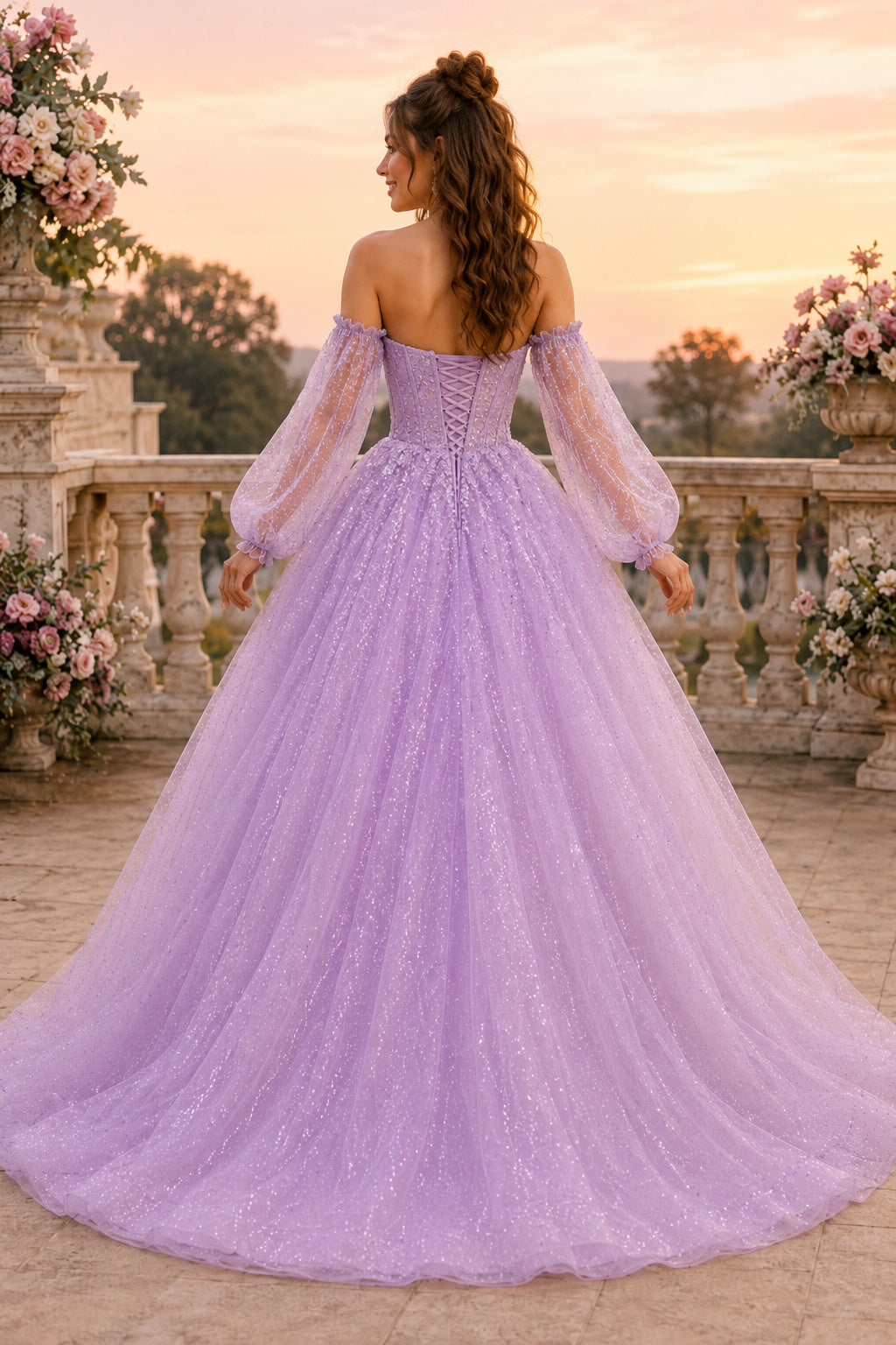 Lavender Off the Shoulder Glitter Tulle Ball Gown with Sheer Sleeves Floor Length And Sweep/Brush Train Ball Gown Prom Dress