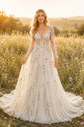 Ivory Long Sleeve Floral Embroidered A-Line Wedding Dress with V-Neck and Train front view