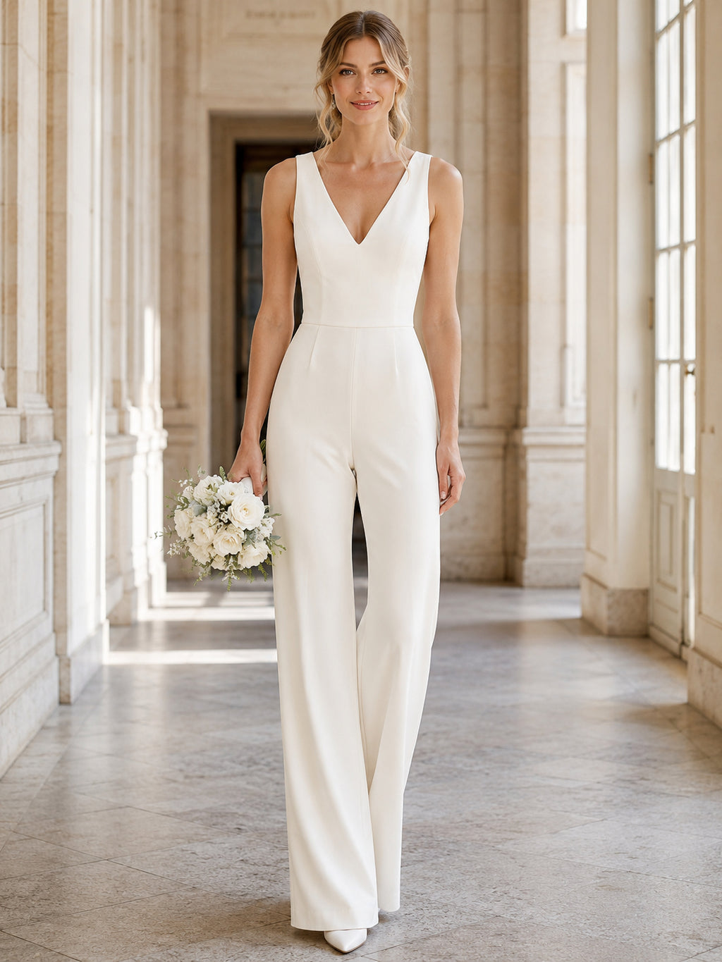 Simple Bridal Jumpsuit V Neck Sleeveless Wide Leg Floor Length Civil Wedding Outfit front view