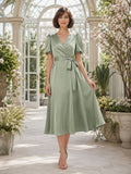 Sage Chiffon V-neck Tie Waist Tea-length Dress front view