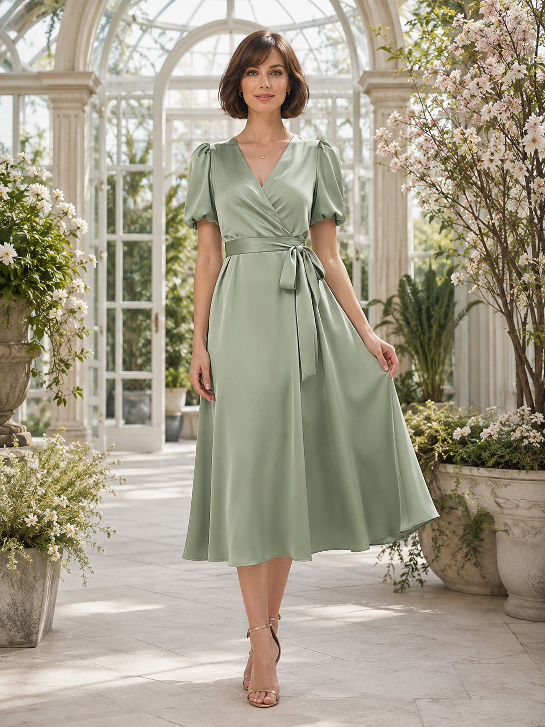 Sage Chiffon V-neck Tie Waist Tea-length Dress front view