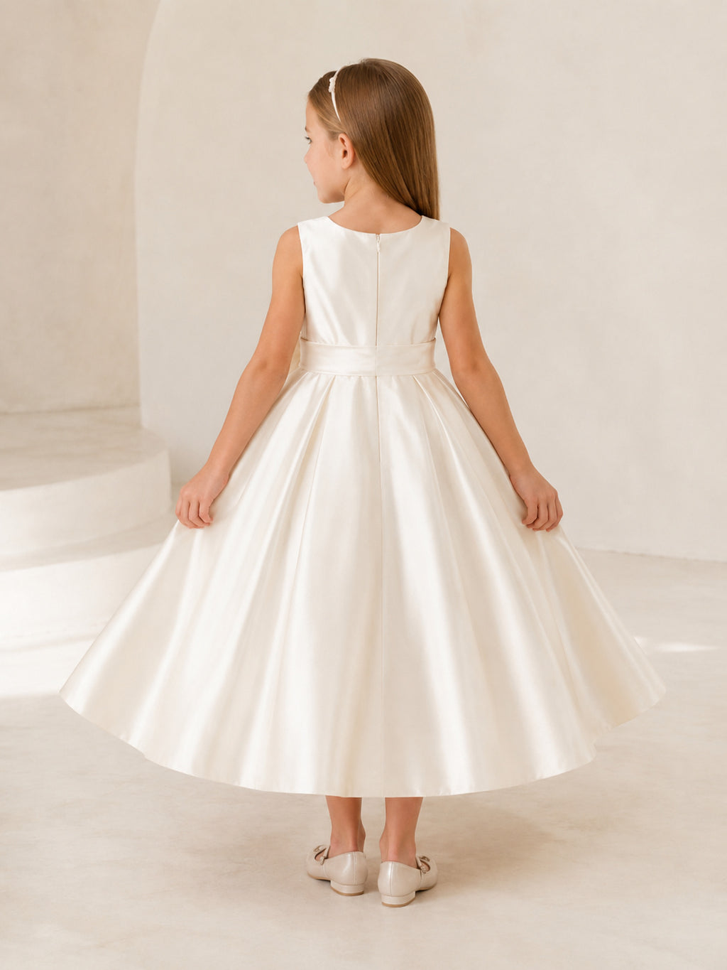 Ivory Satin Tea Length Flower Girl Dress with Bow Waist back view