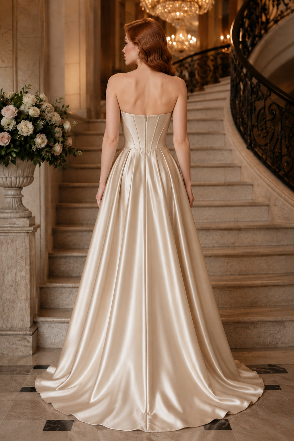 Champagne Strapless Satin A-Line Ball Gown with Sweetheart Bodice back view