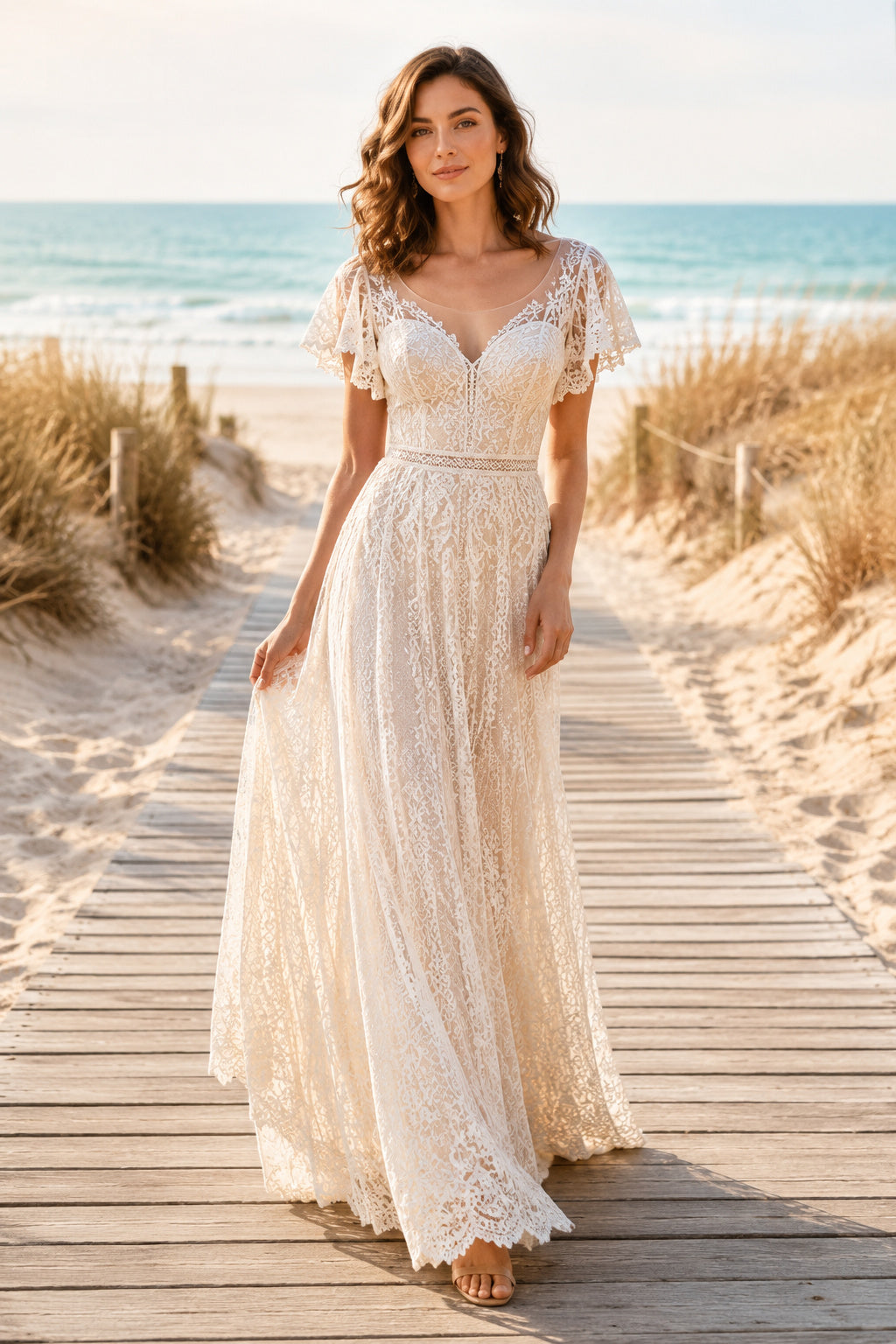 Ivory Short Sleeve Sweetheart Lace A-Line Wedding Dress Low Back for Bridal Ceremony and Reception front view