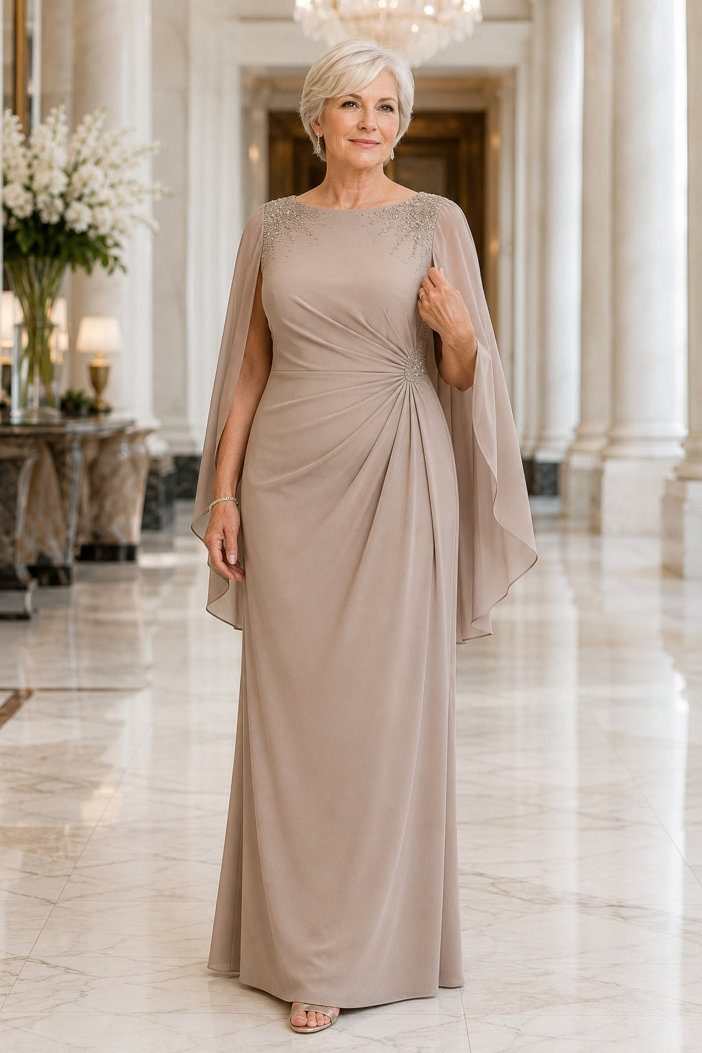 Taupe Bateau Sheath Mother Dress with Sheer Cape Sleeves and Beaded Shoulder Detail front view