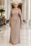 Taupe Bateau Sheath Mother Dress with Sheer Cape Sleeves and Beaded Shoulder Detail front view