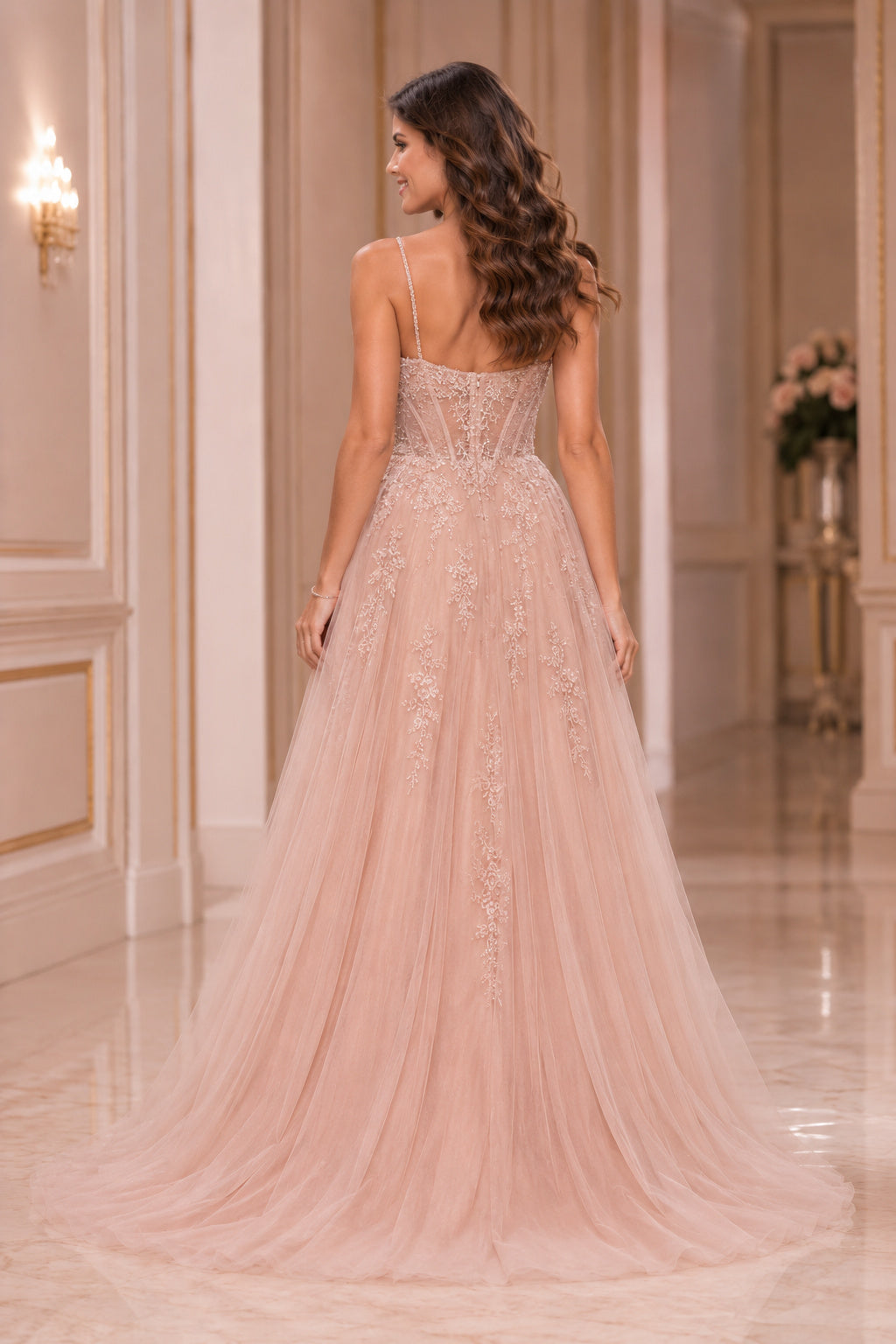 Blushing Pink Glitter Tulle A-Line Formal Dress with Sweetheart Bodice and Slit back view