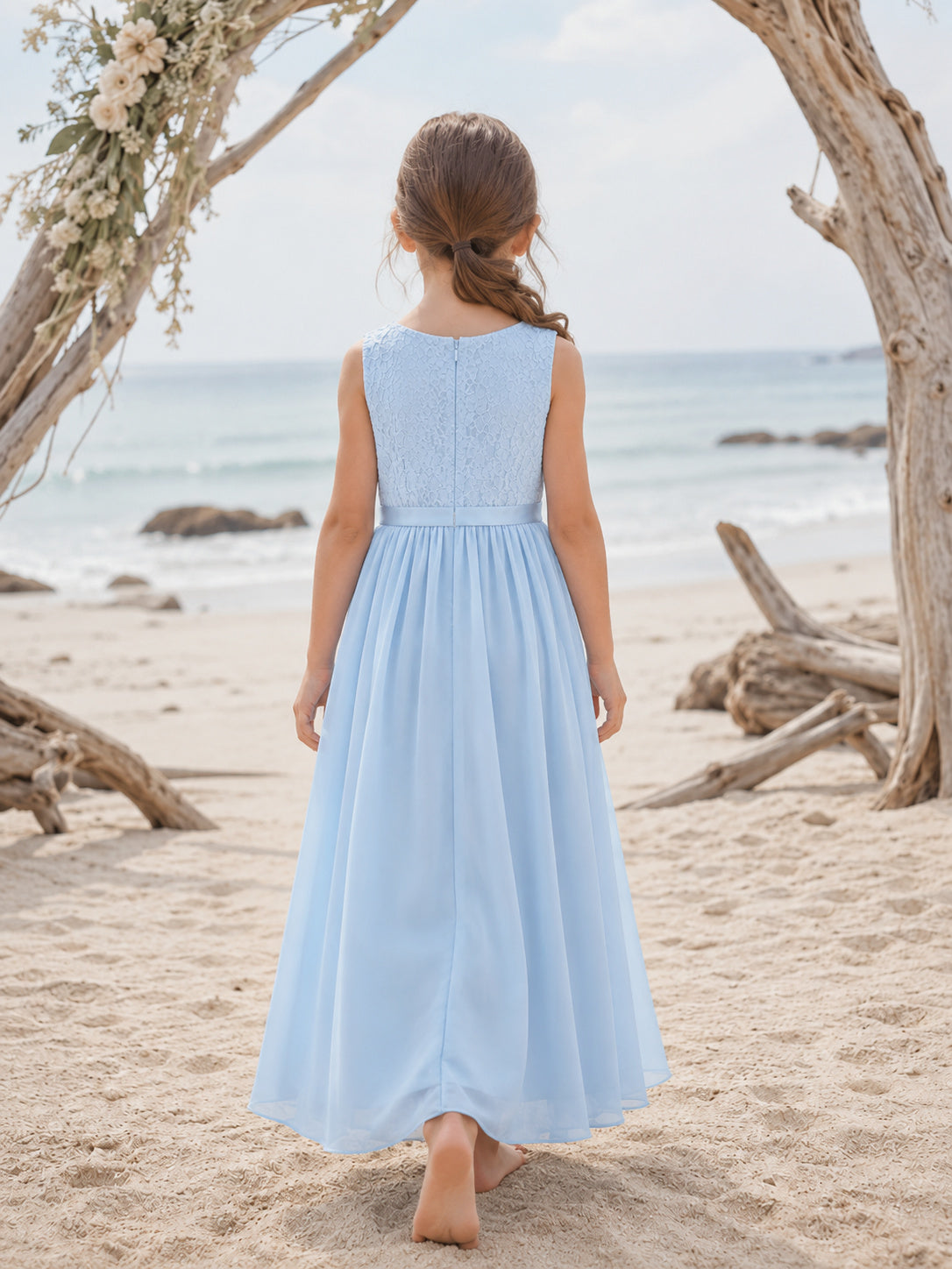 Flower Girl Dress Sky Blue Chiffon A-Line Sleeveless V Neck Floor Length back view