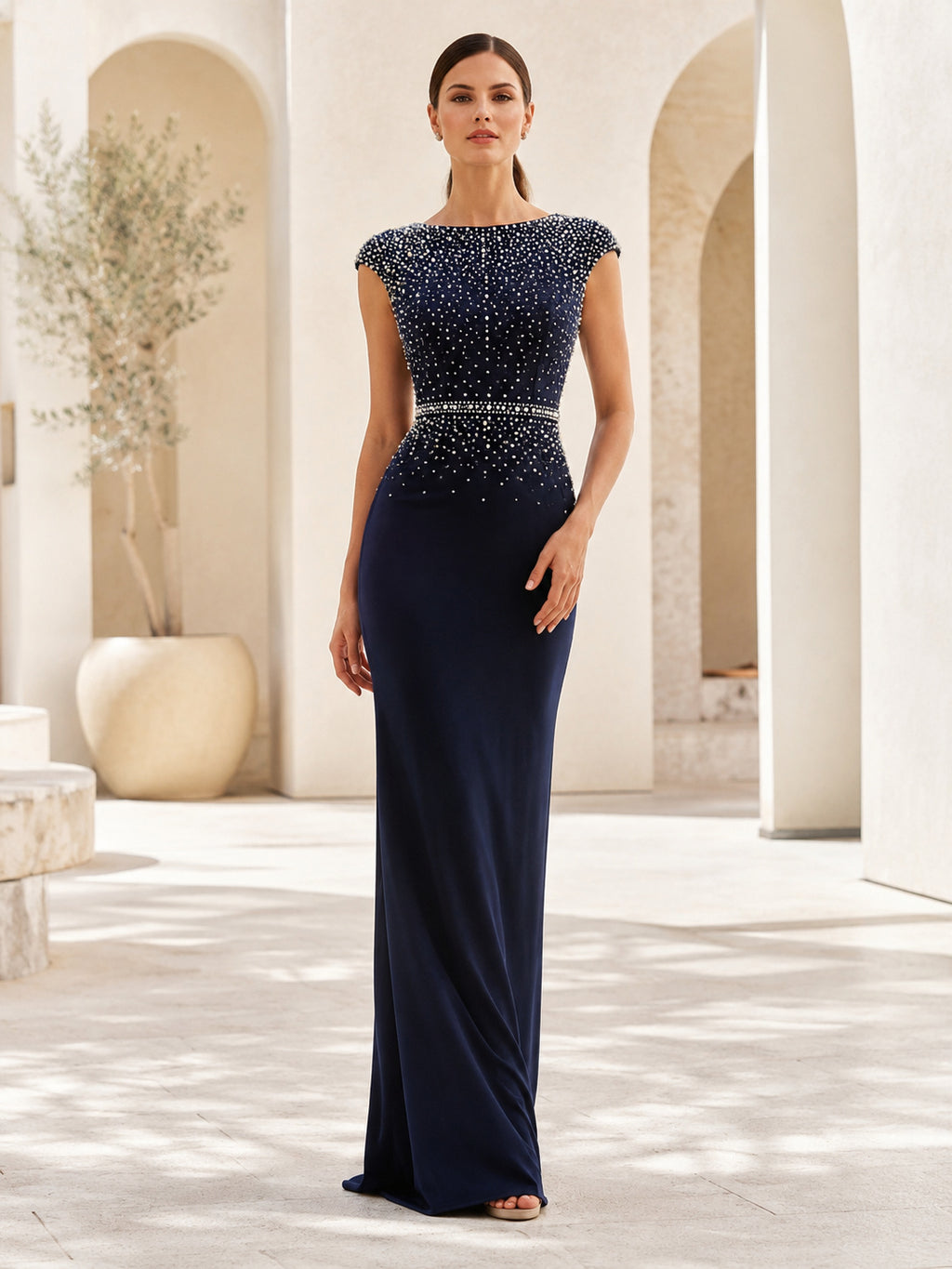 Dark Navy Pearl Bateau Column Evening Gown front view