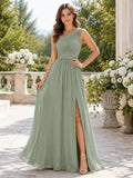 Modern Sage One Shoulder Pleated Chiffon Split A Line Bridesmaid Gown front view