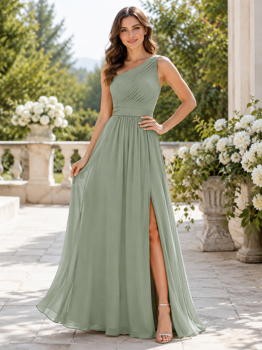 Modern Sage One Shoulder Pleated Chiffon Split A Line Bridesmaid Gown front view