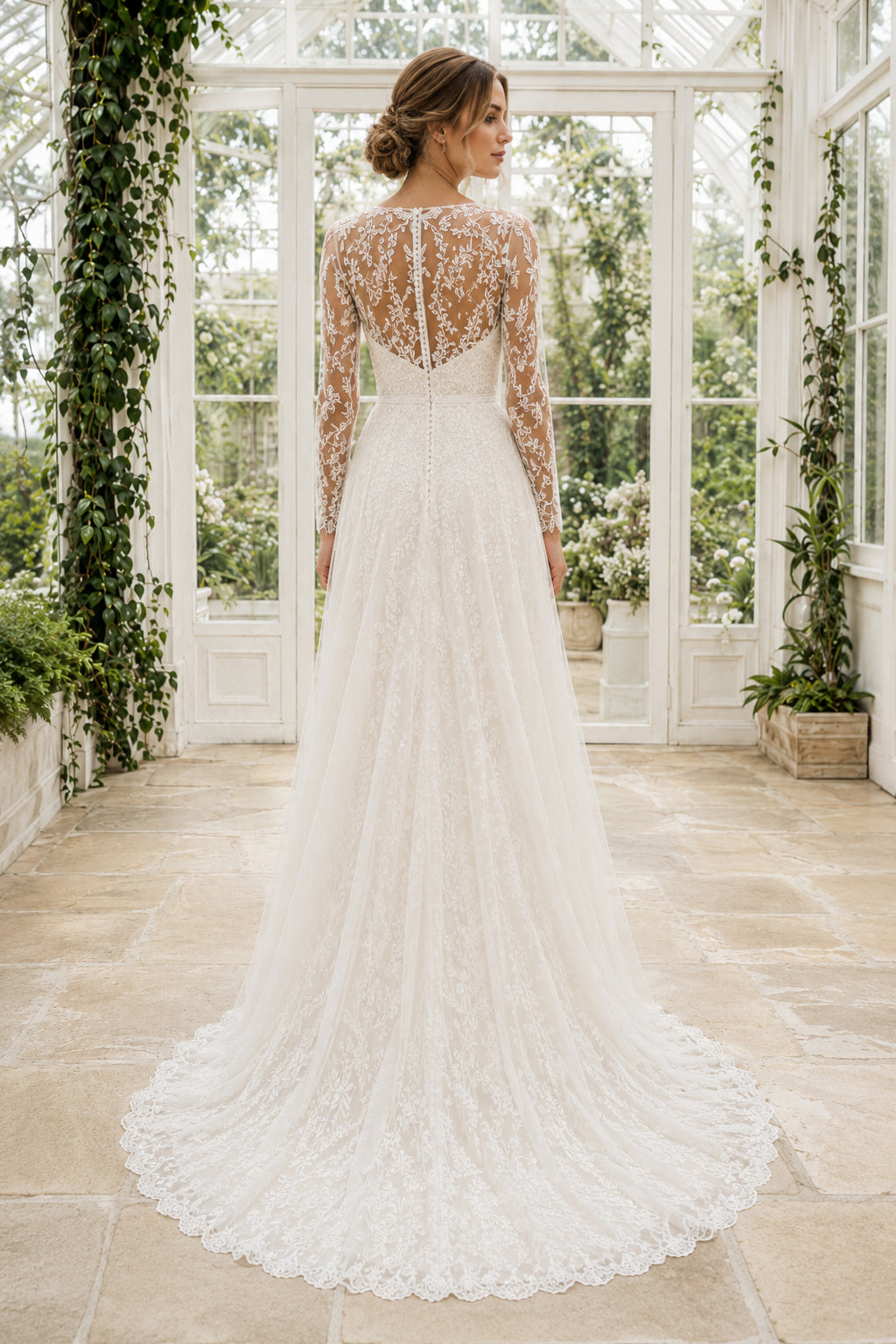 Ivory High Neck Long Sleeve Lace A-Line Wedding Dress with Illusion Back Style MG_700387 back view