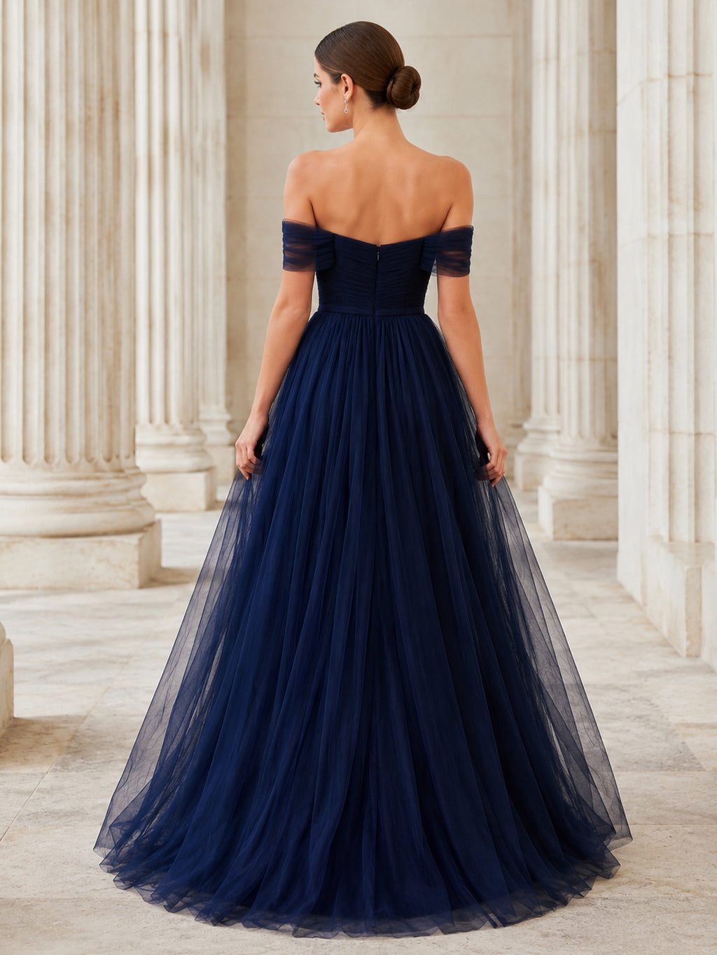 Dark Navy Off Shoulder Tulle A Line Gown back view