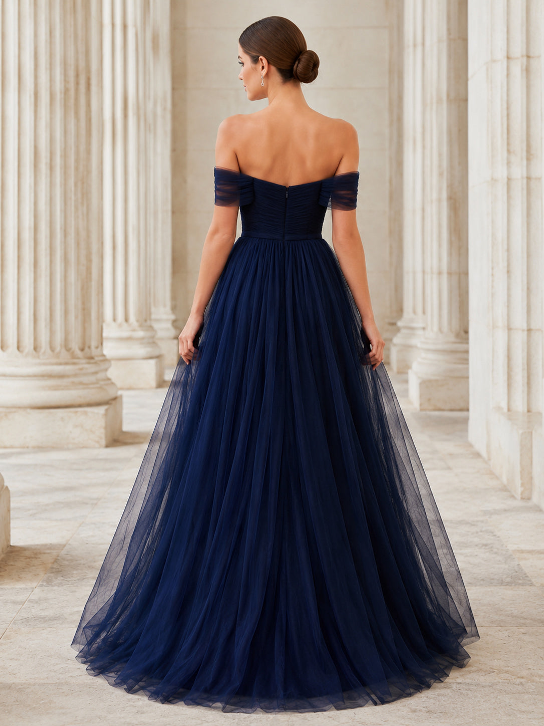 Dark Navy Off Shoulder Tulle A Line Gown back view